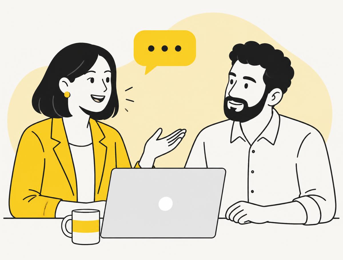 Two people having a friendly conversation at a desk