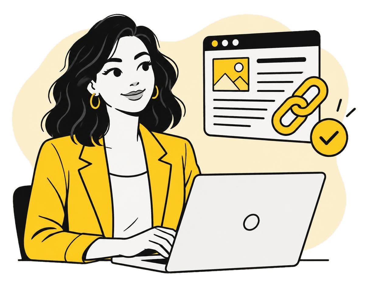 Illustration of a person working on a laptop next to a website with a link and a check mark