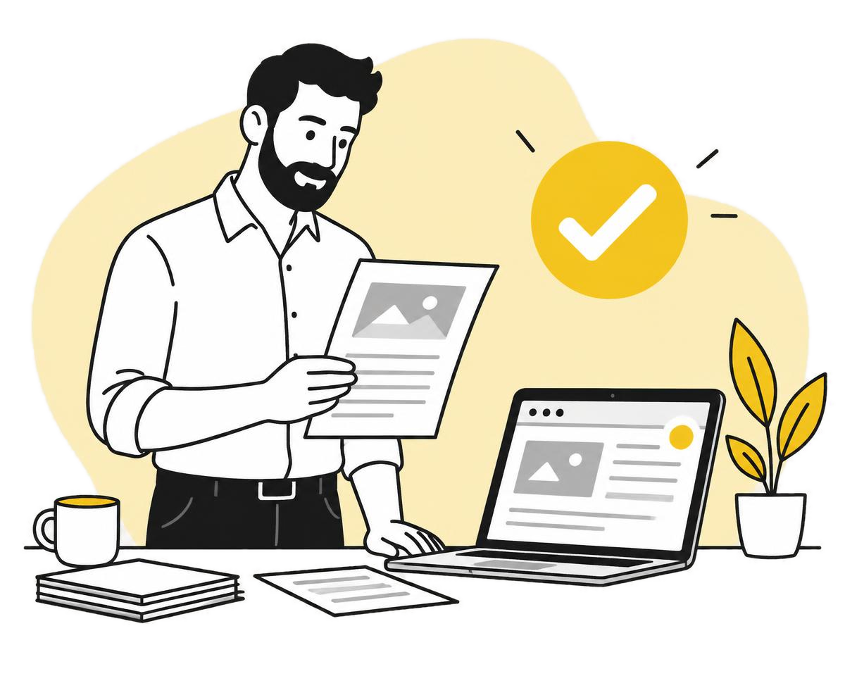 Illustration of a Spreadmarket team member reviewing an article next to a laptop with a check mark